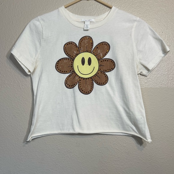 White Smiley Flower Crop T-Shirt XL - Picture 1 of 4